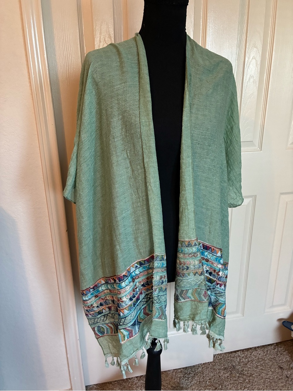 Light Sage Green Embroidered Kimono